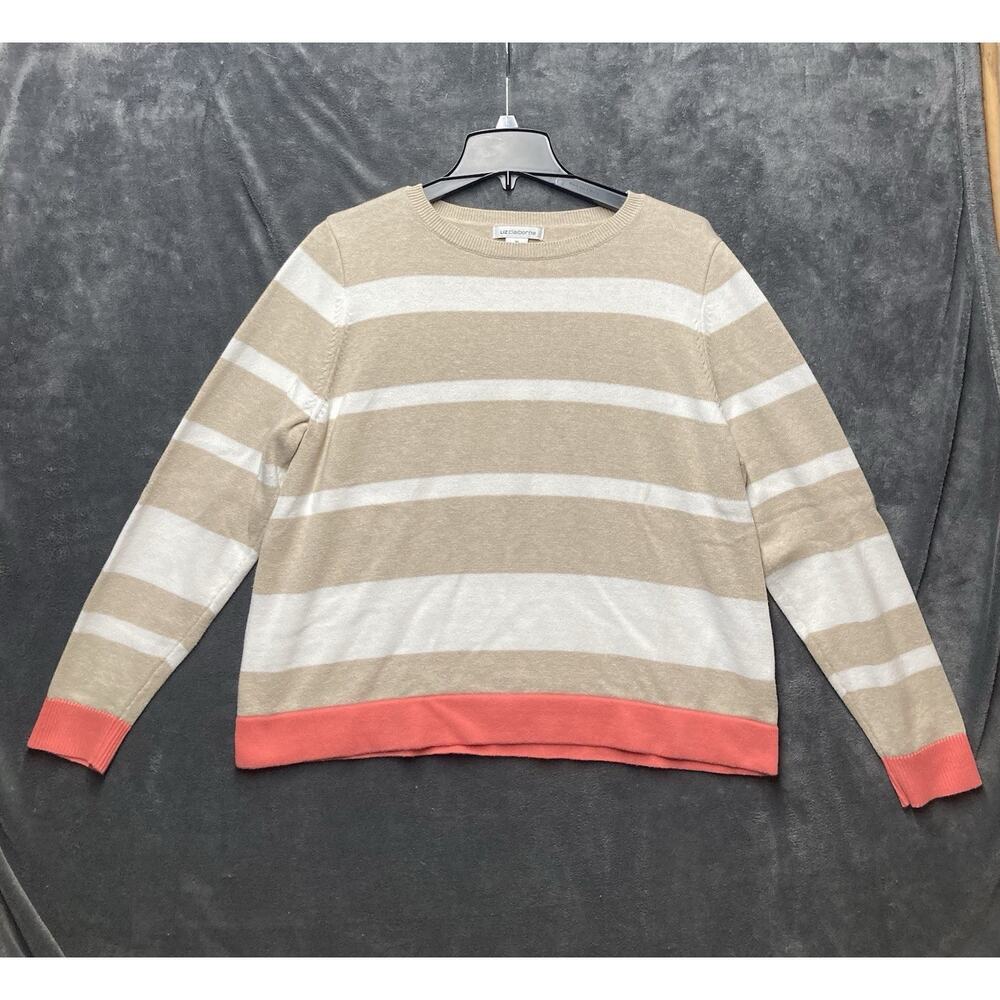 Liz Claiborne Striped Sweater Sz XL Beige White Coral Colorblock Coastal Preppy